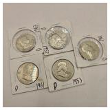 Five Silver Franklin Half Dollars