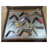 10 Folding Knives in Handmade Glass Display Case