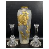Vintage Gold Rose Art Glass Vase & 2 Crystal