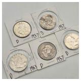 5 Silver Franklin Half Dollars