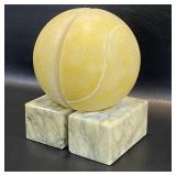 Alabaster Tennis Ball Bookends on Marble, Italian