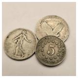 1869 Shield Nickel, Silver Franc & Liberty Quarter