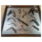 12 Folding Knives in Wood & Glass Display Case