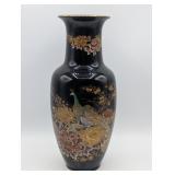 JAPANESE PORCELAIN PEACOCK VASE 10.5" TALL BLACK