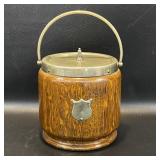 Antique Biscuit Barrel , English Oak Lined Silver
