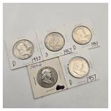 5 Silver 1957 Franklin Half Dollars