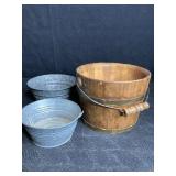 SMALL WOODEN PAIL W/ BAIL & 2 MINIATURE