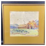 1935 Watercolor Painting Cabin on Hill Signed