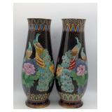 PAIR CHINESE CLOISONNE PEACOCK VASES 12" TALL