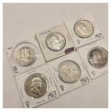 6 Silver Franklin Half Dollars