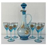 Blue & Gold Bohemian Decanter Set w 6 StemsNo