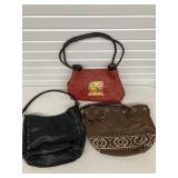 3 PURSE HANDBAGS RED SUN-N-SAND 1986, BROWN