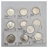 10 Silver 1964 D Kennedy Half Dollars