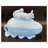 Squirrel on Acorn Covered Dish Blue Glass French