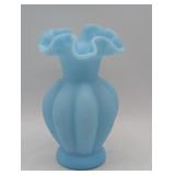FENTON BLUE SATIN MELON VASE RUFFLED RIM 5.5"