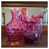 Cranberry Glass Pitcher & Vase Set of 4