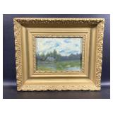 Small Antique Oil on Canvas Landscape w/ Cottage,