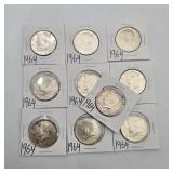 10 Silver 1964 Kennedy Half Dollars