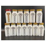 12 Griffithï¿½s Milk Glass Spice Jars w/ Metal Tops