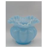 FENTON BLUE OVERLAY MELON VASE RUFFLE RIM HAND