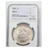 1886 MS61 MORGAN SILVER DOLLAR NGC