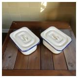 Set of 2 Vintage White w/Blue Trim Enamel Square