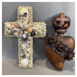 Carved Wood Sacred Heart of Jesus & Shell Cross