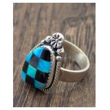 SZ.9, STERLING SILVER OPAL & ONYX ADJUSTABLE RING