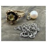 14K Pearl Diamond Post, 14K Topaz Ring & 14K