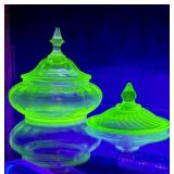 Uranium Glass Lidded Jar has Damage w/