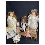 PORCELAIN DOLLS W/ OTHER DOLLS & CHAIRS