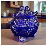 Cobalt Blue Bird Motif Footed Covered Dish
