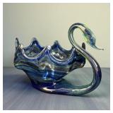 Large Vintage Hand Blown Blue Swirl Art Glass