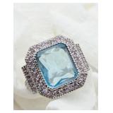 SZ. 7,  SILVER BLUE & CLEAR STONE RING FILIGREE