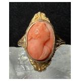 14K Gold Antique Coral Cameo Ring, Carving Shows