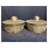 2 HEAVY BRASS LIDS/COVERS? ETCHED