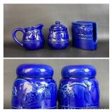 Blue Ceramic Table Set, Napkin Holder, S&P, Sugar