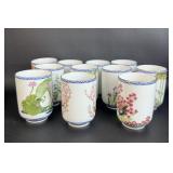 11 Oriental Style Small Ceramic Glasses in Metal
