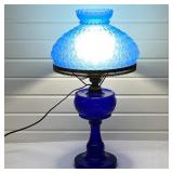 Cobalt Blue Electrified Oil Lamp & Satin Quilted