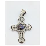 STERLING SILVER CROSS PURPLE DAHLIA STONE PENDANT