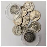 10 Silver Dimes w/ Barber & 1890 Seated Liberty