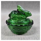 Emerald Green Glass Bunny on a Nest Salt Cellar