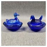 Cobalt Blue Glass Duck on a Nest & Hen on a Nest