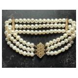 14K Gold Pearl Triple Strand Bracelet Filigree