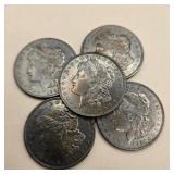Five 1921 Morgan Silver Dollars (Toned)