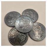 Five 1921 Morgan Silver Dollars (Toned)