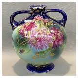 Nippon Unmarked 8 In. Vase Cobalt , Gold w/ Mums