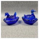 Cobalt Blue Glass Duck on a Nest & Hen on a Nest