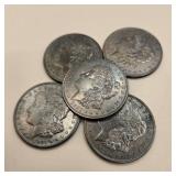 Five 1921 Morgan Silver Dollars (Toned)