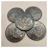 Five 1921 Morgan Silver Dollars (Toned)